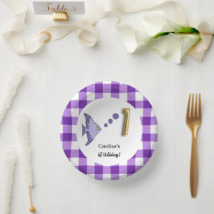 Lila Gingham Goldfolien-Ballon Fisch 1. Geburtstag Pappteller