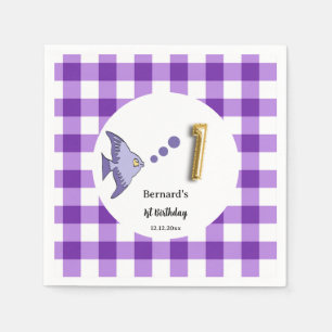 Lila Gingham Goldfolien-Ballon Fisch 1. Geburtstag Serviette
