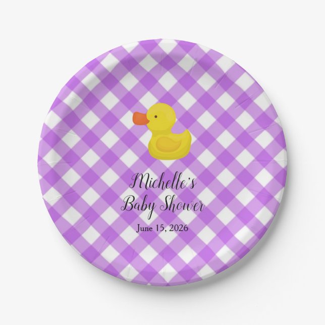 Lila Gingham-Gummientchen-Baby-Party Pappteller (Vorderseite)