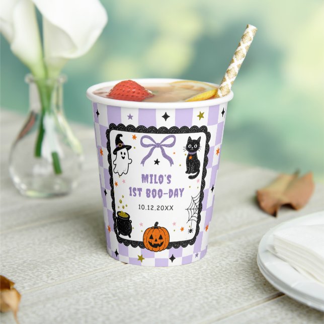 Lila Gingham Halloween Geburtstagsfeier Pappbecher (In Situ)
