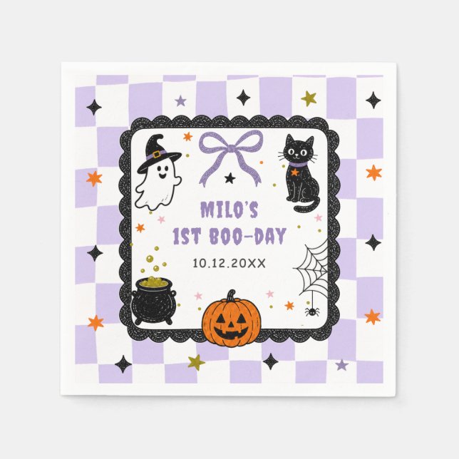 Lila Gingham Halloween Geburtstagsfeier Serviette (Vorderseite)