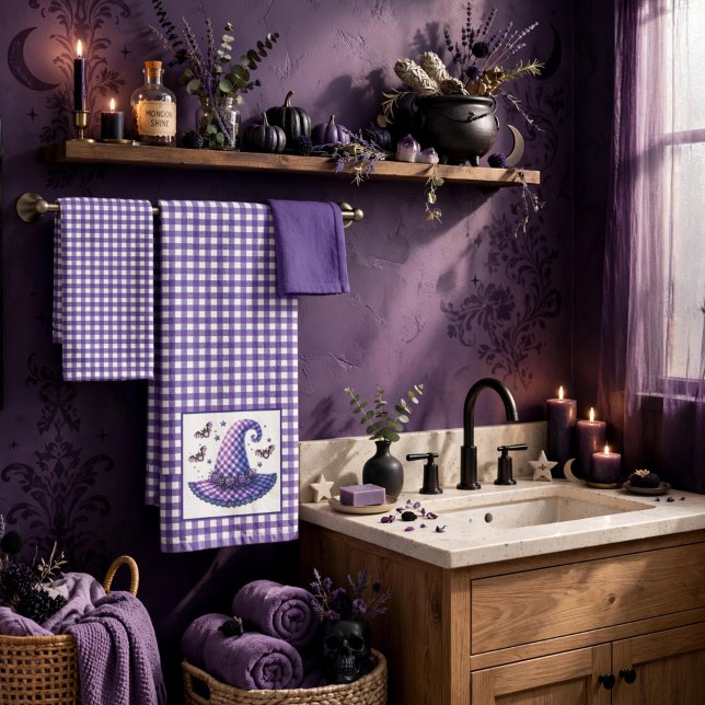 Lila Gingham-Halloween-Hexenhut & Fledermäuse Badhandtuch Set (Von Creator hochgeladen)