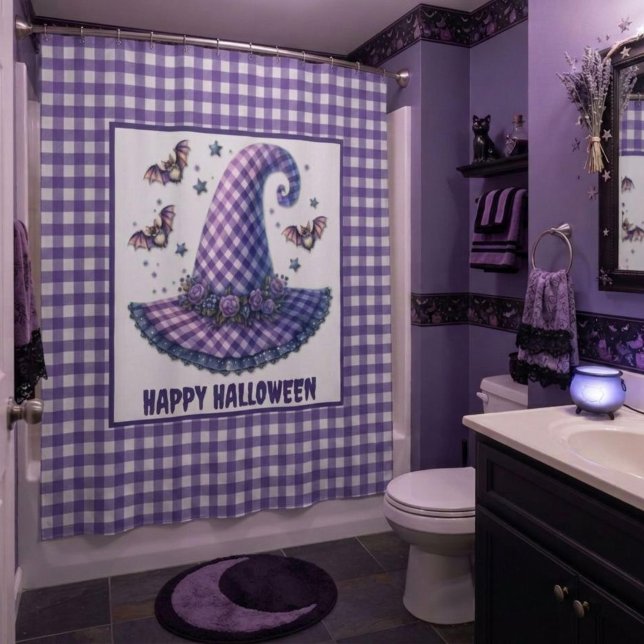 Lila Gingham Halloween Hexenhut & Fledermäuse Duschvorhang (Von Creator hochgeladen)