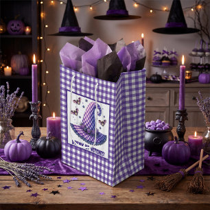 Lila Gingham Halloween Hexenhut & Fledermäuse Mittlere Geschenktüte