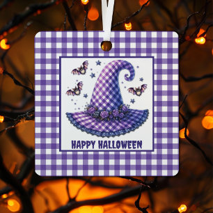 Lila Gingham Halloween Hexenhut & Fledermäuse Ornament Aus Metall