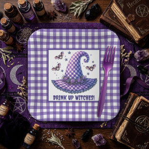 Lila Gingham-Halloween-Hexenhut & Fledermäuse Pappteller