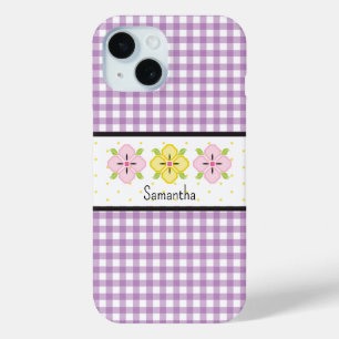 Lila Gingham-Kariert-Blumen-Monogramm Case-Mate iPhone Hülle