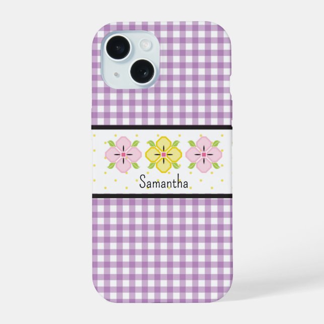 Lila Gingham-Kariert-Blumen-Monogramm iPhone 15 Hülle (Rückseite)