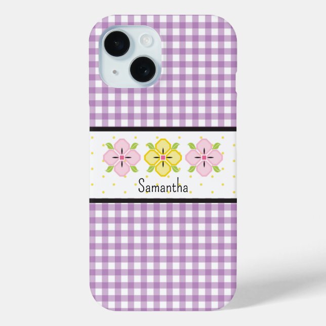 Lila Gingham Kariert Floral Monogram Case-Mate iPhone Hülle (Rückseite)