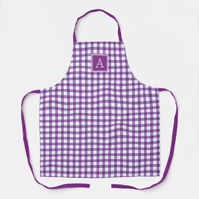 Lila Gingham Kariert Tartan Modern Monogram Schürze (Vorderseite)