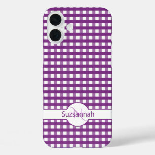 Lila Gingham-Karo Monogramm individualisierte Hüll iPhone 16 Plus Hülle
