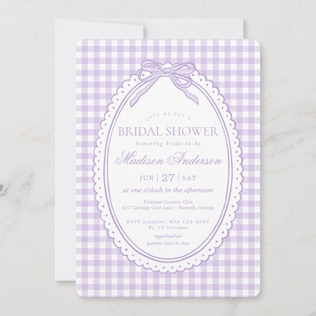 Lila Gingham Kokette Bogen Brautparty Einladung (Vorderseite)