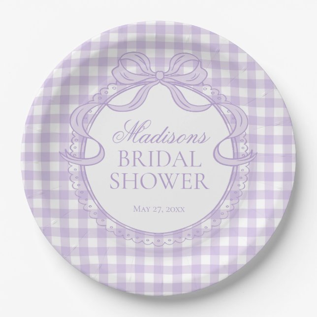Lila Gingham Kokette Bogen Brautparty Pappteller (Vorderseite)