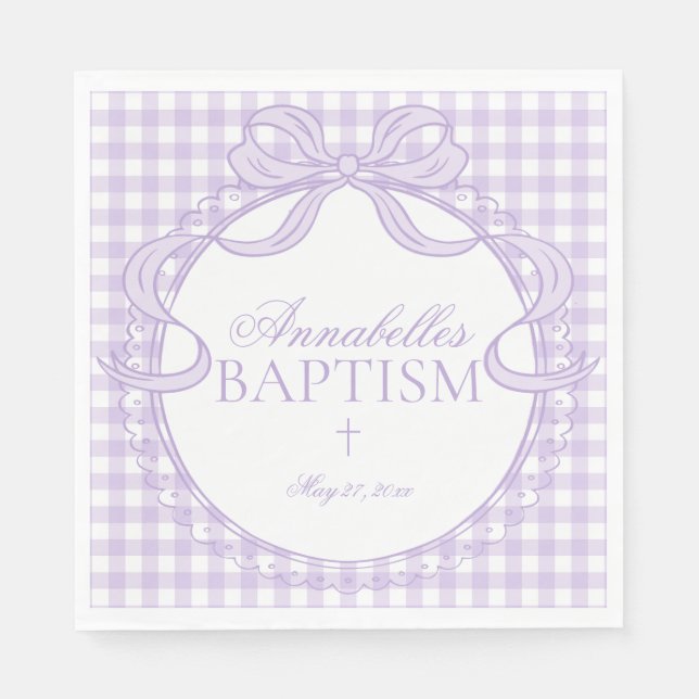 Lila Gingham Kokette Bogen Tauf Tischdekoration Serviette (Vorderseite)
