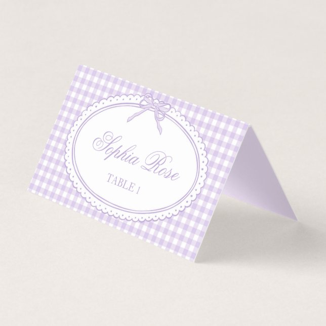 Lila Gingham Kokette Bogen Tischdeko für Platzkart (Vorderseite)