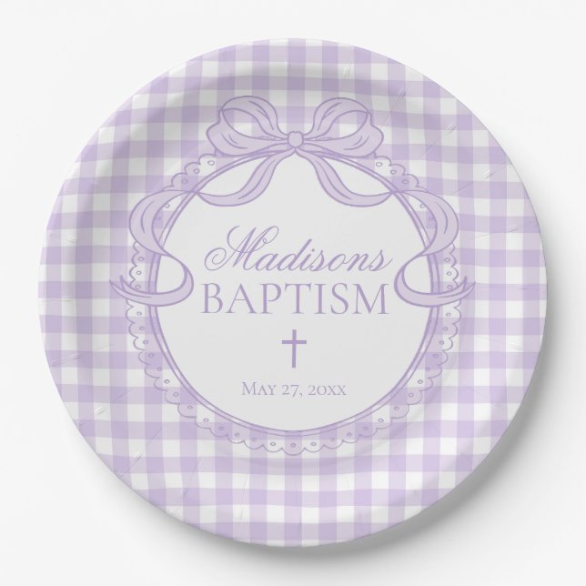 Lila Gingham Kokette Schleife Taufe Pappteller (Vorderseite)