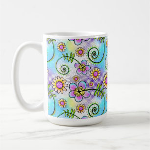 Lila Gingham mit handgezeichneten Blumen und Ranke Kaffeetasse