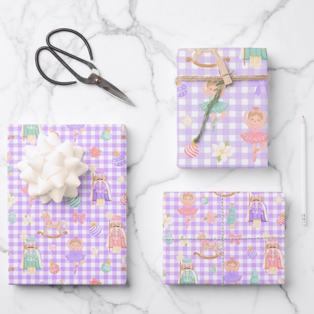 Lila Gingham Nussknacker Geburtstag Geschenkpapier Set (Vorderseite)