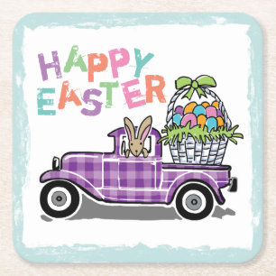 Lila Gingham-Osterhase im Vintage-LKW Rechteckiger Pappuntersetzer