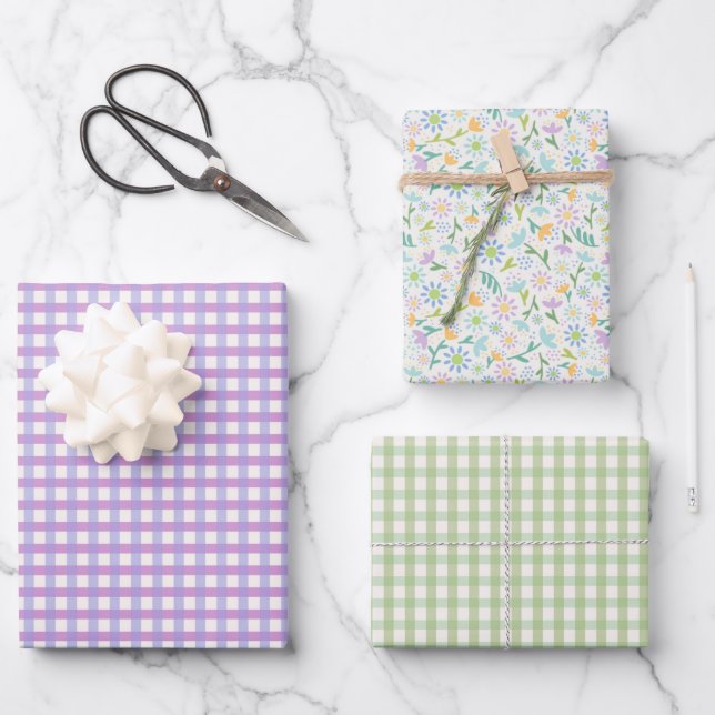 Lila Gingham und Floral Wrapping Paper Sh Geschenkpapier Set (Vorderseite)