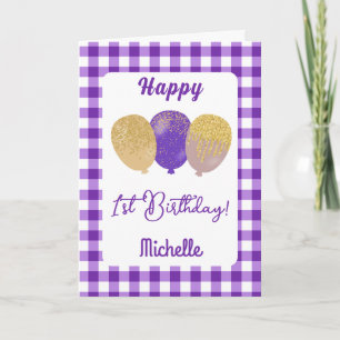 Lila Gingham- und Glitterballons 1. Geburtstag Karte