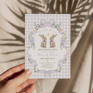 Lila Gingham-Zwillinge-Hasen-Kaninchen-Geburtstag Einladung