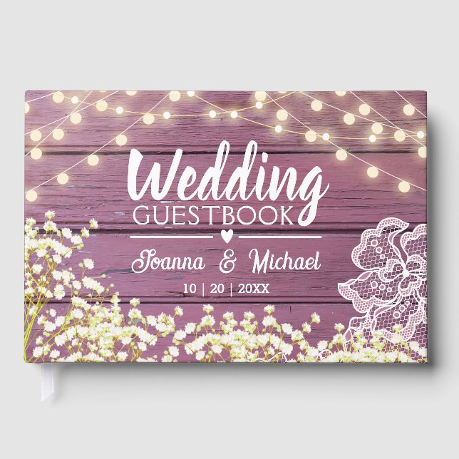 Lila Gipskraut- und Hochzeitshilfen aus Holz Gästebuch (Vorderseite)