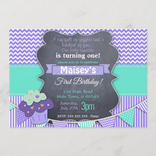 Lila Girls Cupcake Blackboard 1. Geburtstag Einladung