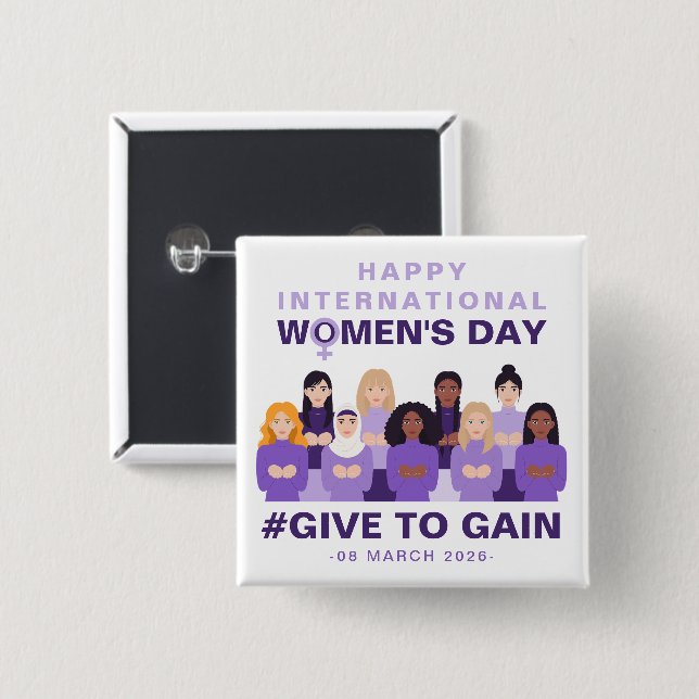 Lila Give To Gain Internationaler Frauentag 2026 Button (Vorne & Hinten)