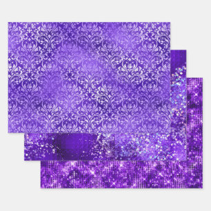 Lila Glam Glitter Funkeln Muster Geschenkpapier Set