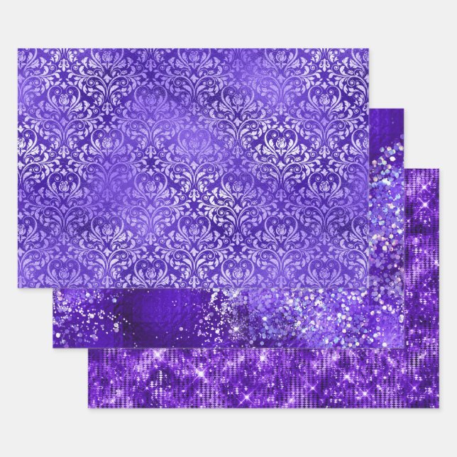 Lila Glam Glitter Funkeln Muster Geschenkpapier Set (Set)