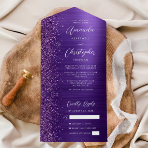 Lila Glam Metallic Moderne Schrift Hochzeit All In One Einladung