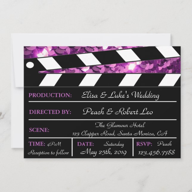 Lila Glamour Clapper Board Einladung (Vorderseite)