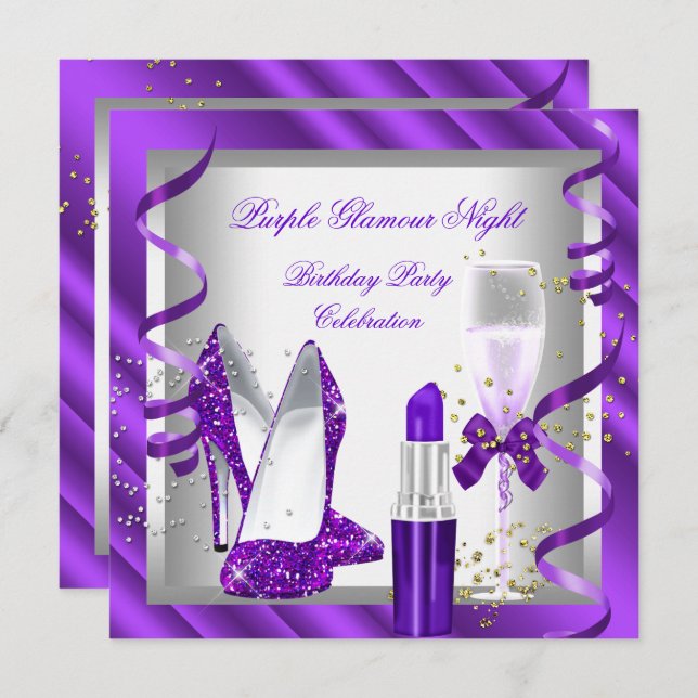 Lila Glamour Night Champagne Party 2 Einladung (Vorne/Hinten)