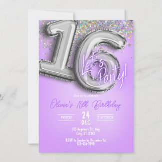 Lila Glitter 16. Geburtstagseinladung Einladung