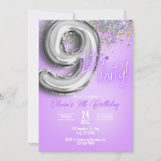 Lila Glitter 9. Geburtstagseinladung Einladung