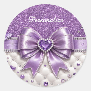 Lila Glitter-Bogen-Herz personalisierte glamouröse Runder Aufkleber