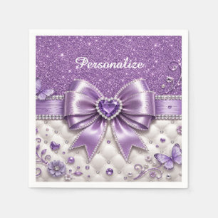 Lila Glitter-Bogen-Herz personalisierte glamouröse Serviette
