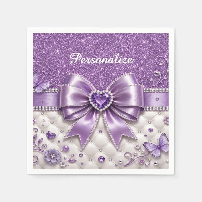 Lila Glitter-Bogen-Herz personalisierte glamouröse Serviette (Vorderseite)