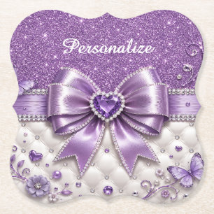 Lila Glitter-Bogen-Herz personalisierte glamouröse Untersetzer