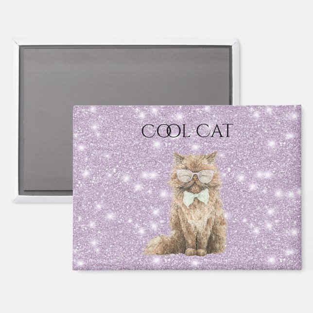 Lila Glitter Braun Coole Katzenbrille   Magnet (Vorderseite/Rückseite)