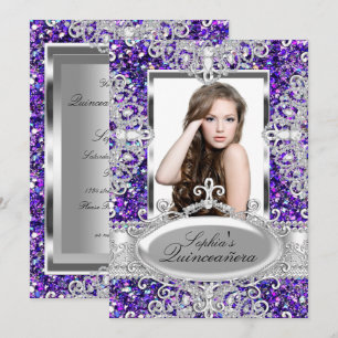 Lila Glitter & Diamant Glamour Quinceanera Einladung