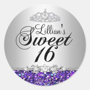 Lila Glitter & Diamant Tiara Sweet 16 Aufkleber
