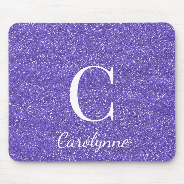 Lila Glitter Funkel Glam Monogramm Mousepad (Vorne)