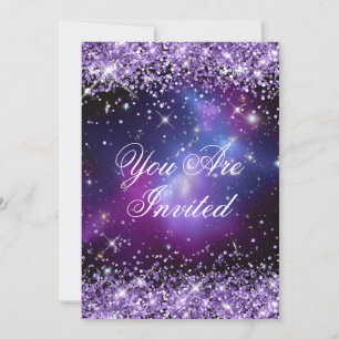 Lila Glitter-Galaxie Planetarium-Hochzeit Einladung