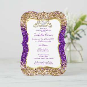 Lila Glitter Geburtstagsfeier Gold Weiße Tiara Einladung