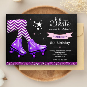 Lila Glitter Girls Roller Skating Geburtstagsfeier Einladung