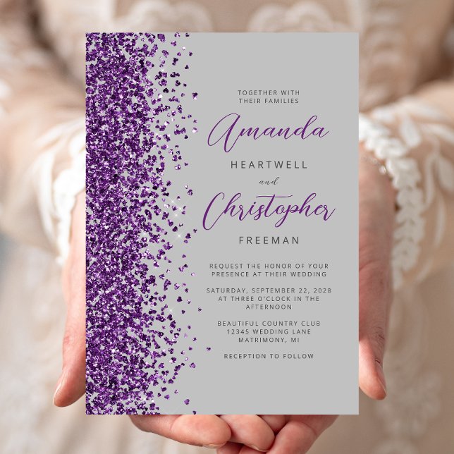 Lila Glitter Grau Moderne Schrift Hochzeit Einladung (Von Creator hochgeladen)