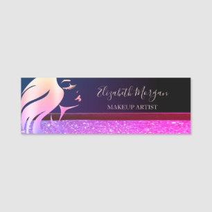 Lila Glitter, Mädchen-Gesichtssilhouette, Maskenbi Namensschild