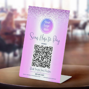Lila Glitter QR-Code Benutzerdefiniertes Logo Scan Sockelschild